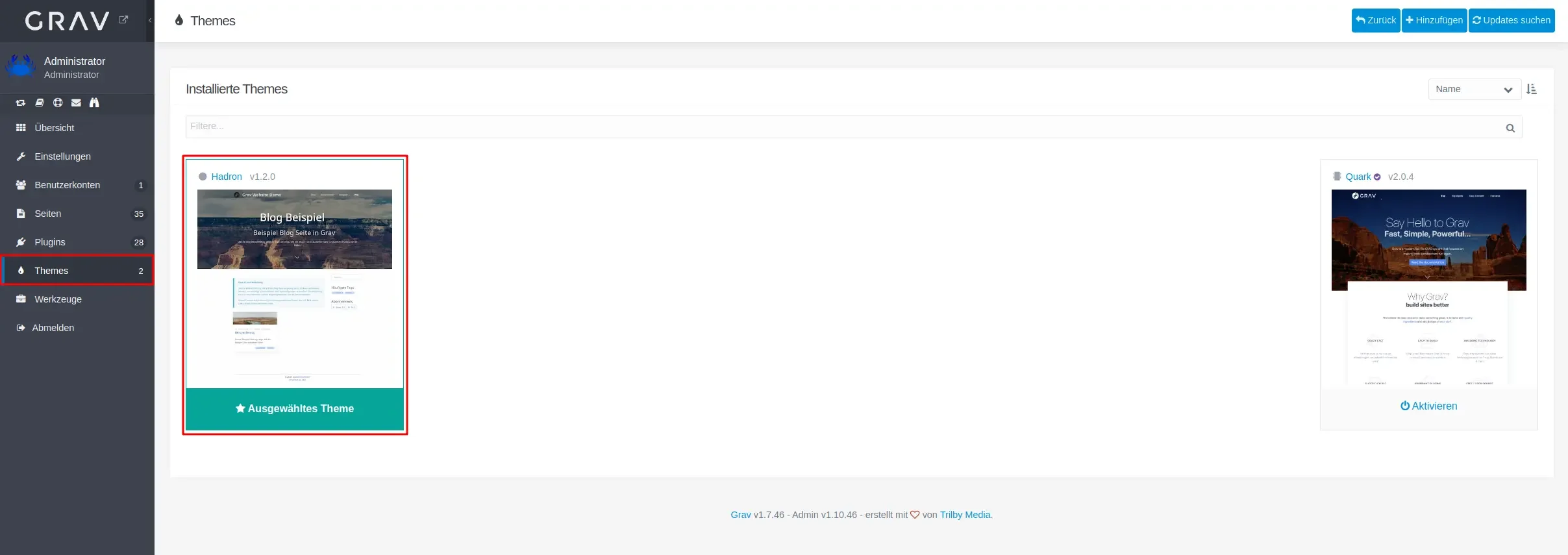 Hadron im Admin Panel